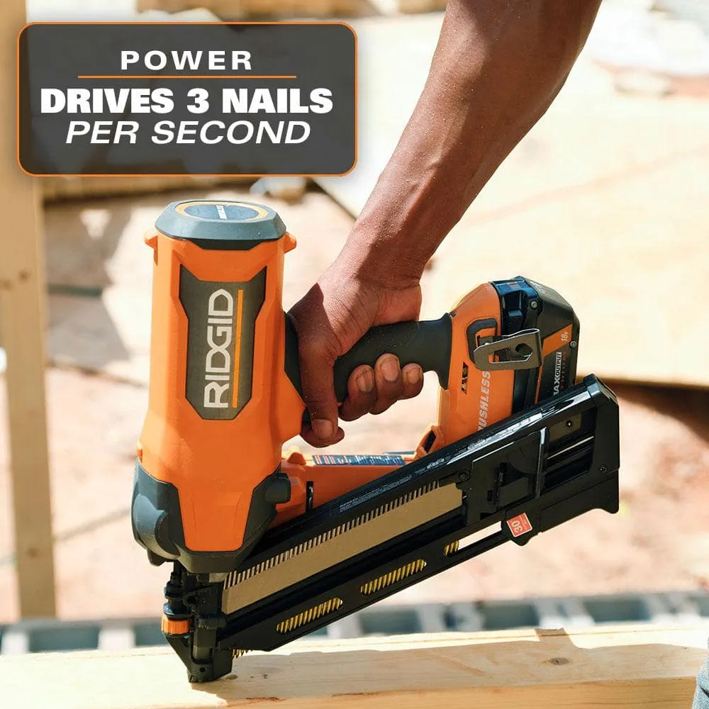 RIDGID 18V (2) 4.0 Ah Batteries and Charger Kit with 18V Brushless Cordless 30° Framing Nailer, photo 4 of 12