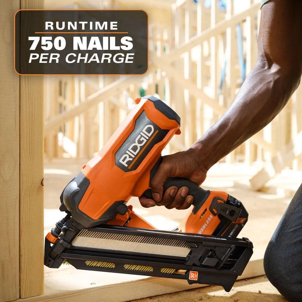 RIDGID 18V (2) 4.0 Ah Batteries and Charger Kit with 18V Brushless Cordless 30° Framing Nailer, photo 5 of 12