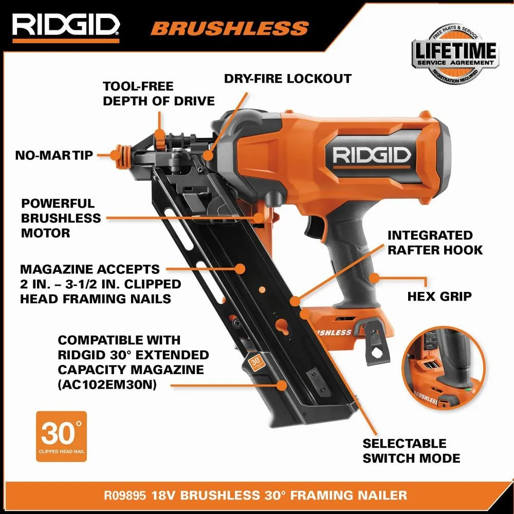 RIDGID 18V (2) 4.0 Ah Batteries and Charger Kit with 18V Brushless Cordless 30° Framing Nailer, photo 2 of 12