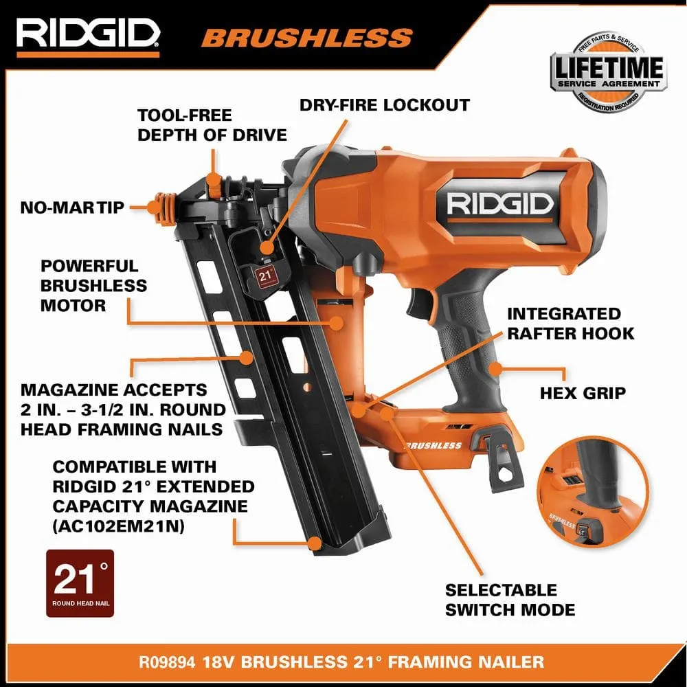 RIDGID 18V Brushless Cordless 21° 3-1/2 in. Framing Nailer & 18V Brushless Cordless 18-Gauge 2-1/8 in. Brad Nailer (Tools Only), photo 2 of 14