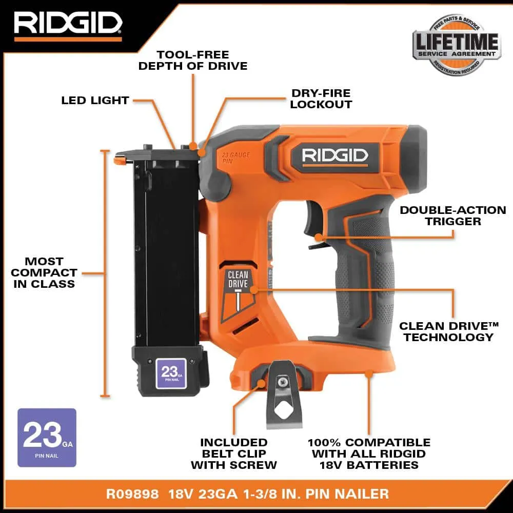 RIDGID 18V Cordless 23 Gauge 1-3/8 in. Headless Pin Nailer Kit with 2.0 Ah Battery and Charger, photo 2 of 8