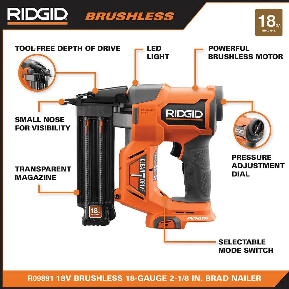 RIDGID 18V Brushless Cordless 18-Gauge 2-1/8 in. Brad Nailer with Brushless Cordless 1/2 in. Drill/Driver (Tools Only), photo 3 of 13