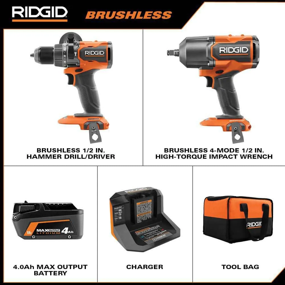 RIDGID 18V Brushless Cordless 2-Tool Combo Kit with High-Torque Impact Wrench, Hammer Drill/Driver, 4.0 Ah Battery, and Charger, photo 2 of 13