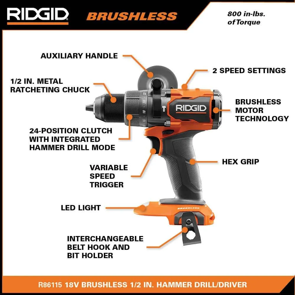 RIDGID 18V Brushless Cordless 2-Tool Combo Kit w/ Hammer Drill, Impact Driver, Batteries, Charger, Bag & FREE Compact Blower, photo 3 of 13