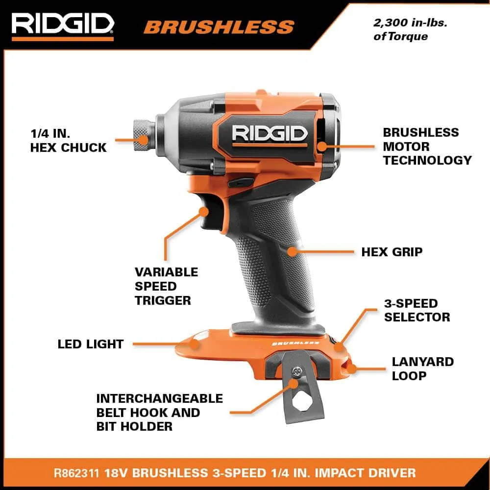 RIDGID 18V Brushless Cordless 2-Tool Combo Kit w/ Hammer Drill, Impact Driver, Recip Saw, Batteries, Charger, & Bag, photo 4 of 14