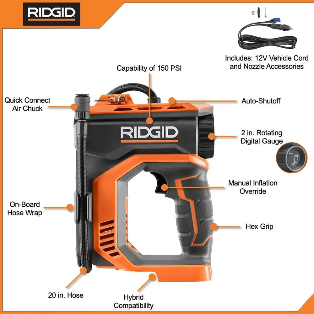 RIDGID 18V Brushless Cordless 3-Tool Combo Kit w/ Hammer Drill, Impact Driver, Digital Inflator, Batteries, Charger & Bag, photo 5 of 13
