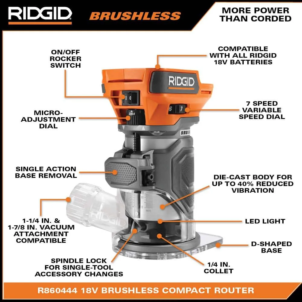 RIDGID 18V Brushless Cordless Compact Trim Router Kit with 18V Lithium Ion 2.0 Ah Battery and Charger, photo 3 of 10