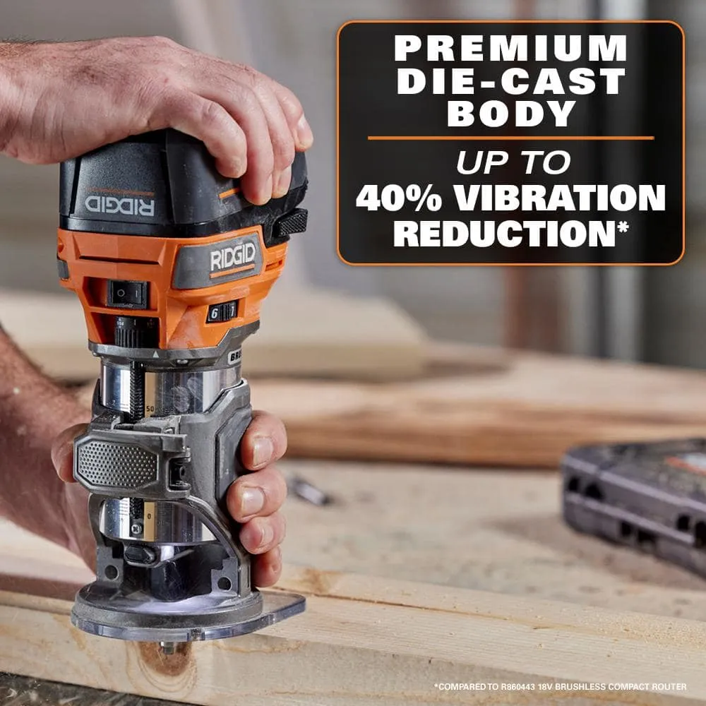 RIDGID 18V Brushless Cordless Compact Trim Router Kit with 18V Lithium Ion 2.0 Ah Battery and Charger, photo 8 of 10