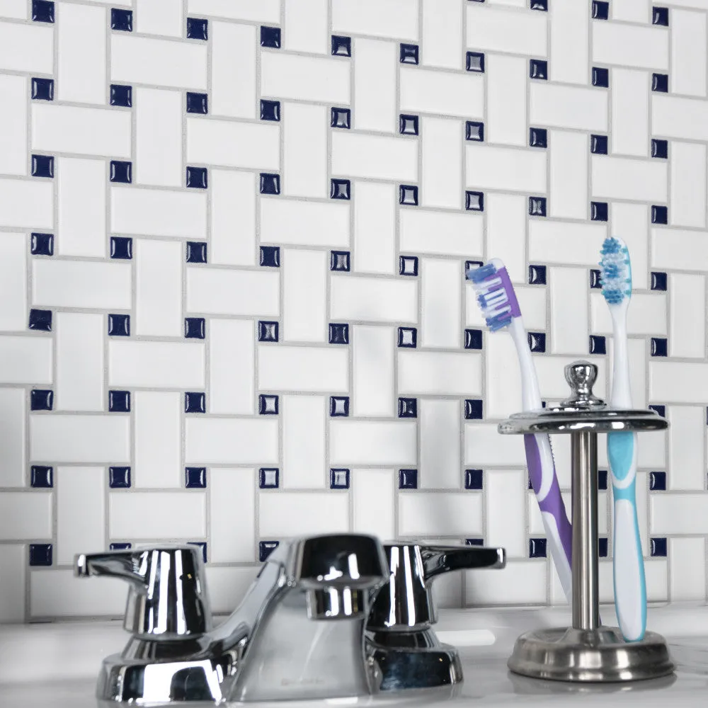 Merola Tile Metro Basketweave Matte White with Cobalt Dot 11-3/4 in. x 11-3/4 in. Porcelain Mosaic Tile (19.58 sq. ft./Case), photo 4 of 8