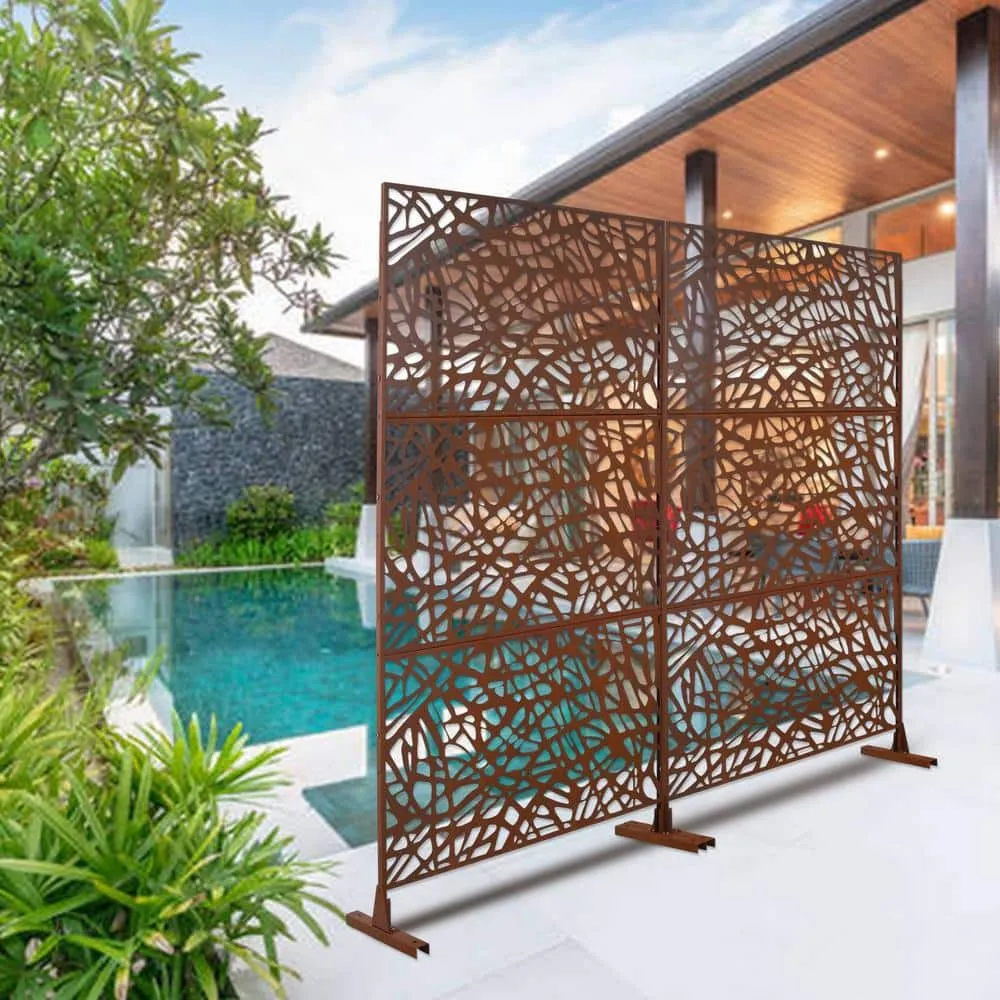 Tidoin 6.3 ft. x 4 ft. Rust Red Steel Freestanding Flat Flat Top Decorative Privacy Screen Metal Fence Panel, photo 4 of 6