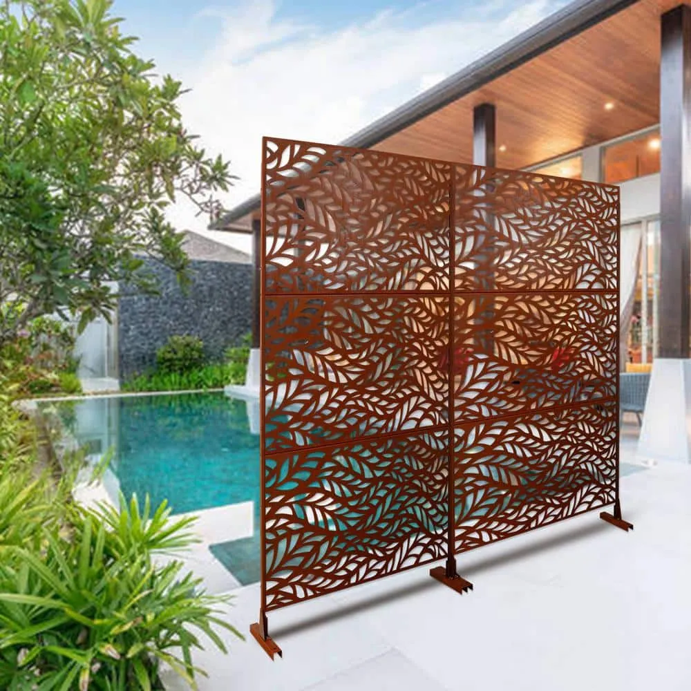 Tidoin 6.3 ft. x 4 ft. Rust Red Steel Freestanding Flat Flat Top Decorative Privacy Screen Metal Fence Panel, photo 4 of 6