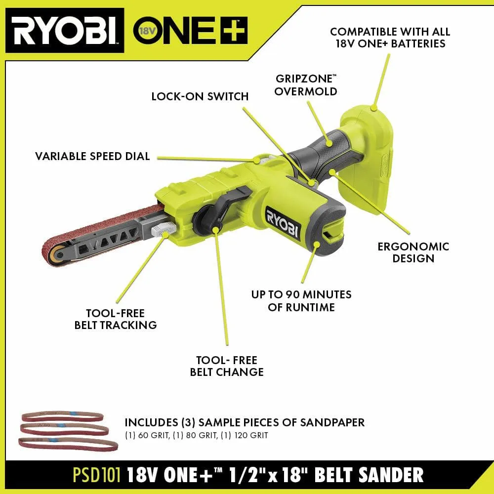 RYOBI ONE+ 18V Cordless 1/2 in. x 18 in. Belt Sander with 2.0 Ah Battery and Charger, photo 3 of 12