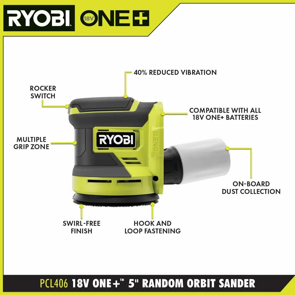 RYOBI ONE+ 18V 18-Gauge Cordless AirStrike Brad Nailer with Cordless 5 in. Random Orbit Sander, photo 3 of 14