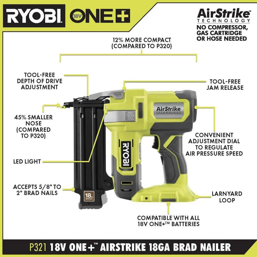 RYOBI ONE+ 18V 18-Gauge Cordless AirStrike Brad Nailer with Cordless 5 in. Random Orbit Sander, photo 4 of 14
