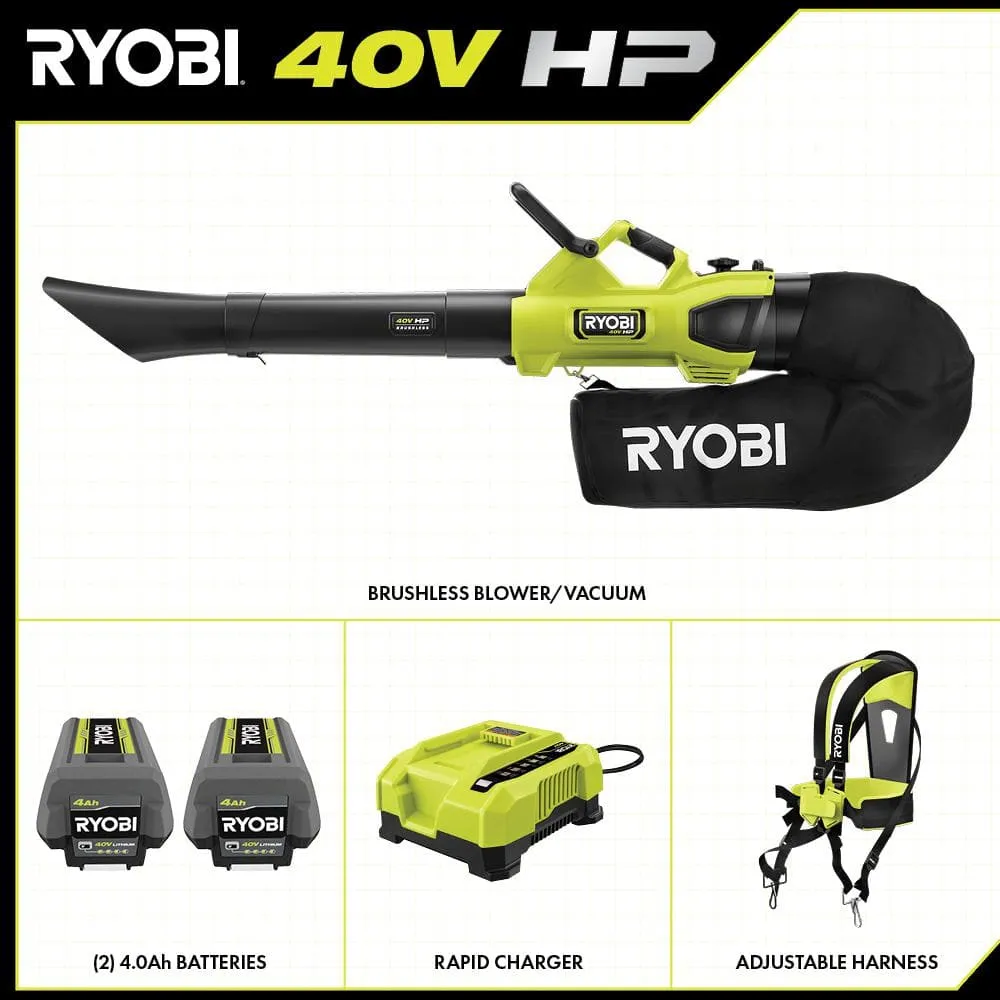RYOBI 40V HP Brushless 100 MPH 600 CFM Cordless Leaf Blower/Mulcher/Vacuum with (2) 4.0 Ah Batteries and Charger, photo 3 of 14