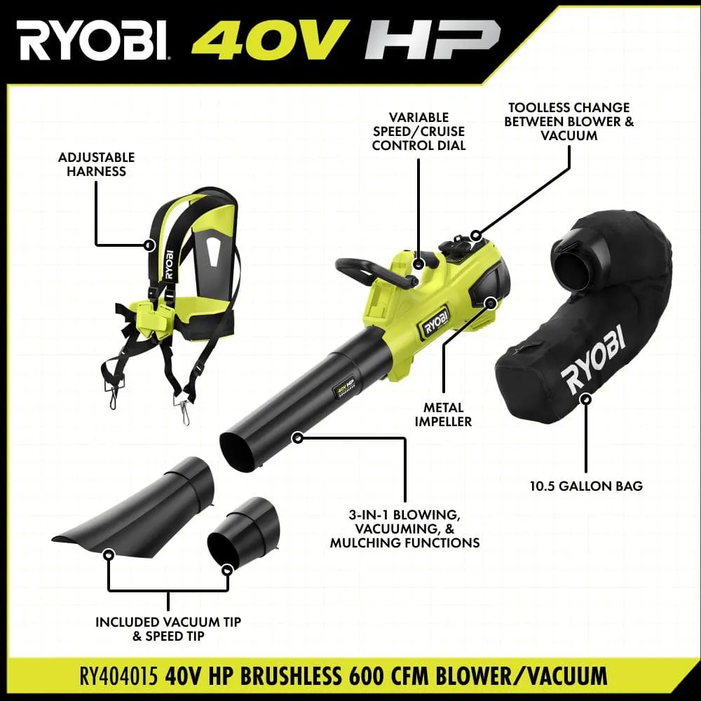 RYOBI 40V HP Brushless 100 MPH 600 CFM Cordless Leaf Blower/Mulcher/Vacuum with (2) 4.0 Ah Batteries and Charger, photo 4 of 14