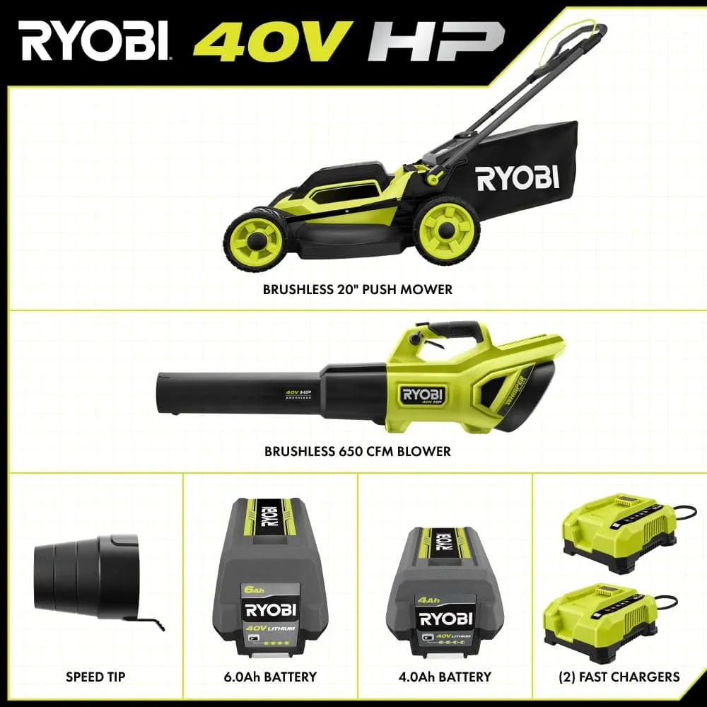 RYOBI 20 in. 40V HP Brushless Cordless Push Lawn Mower & 650 CFM Blower Kit with 6.0 Ah Battery, 4.0 Ah Battery & Fast Chargers, photo 3 of 8