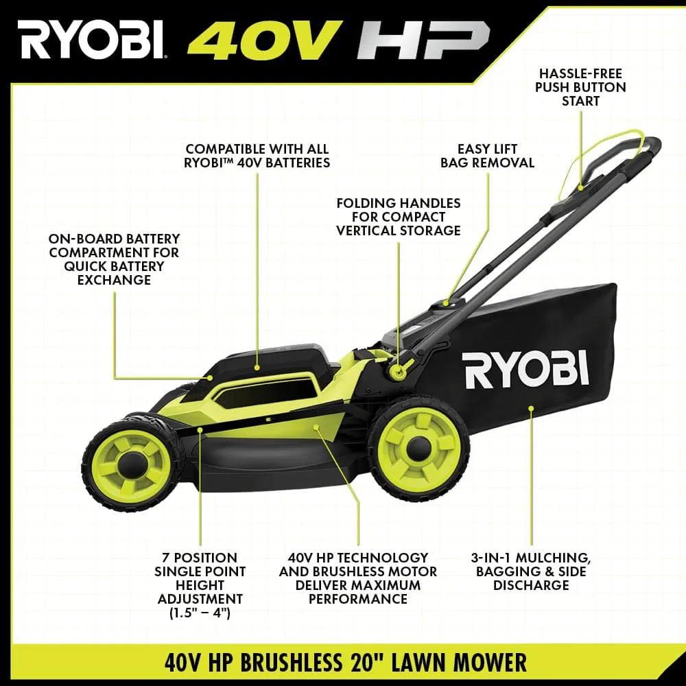 RYOBI 20 in. 40V HP Brushless Cordless Push Lawn Mower & 650 CFM Blower Kit with 6.0 Ah Battery, 4.0 Ah Battery & Fast Chargers, photo 4 of 8