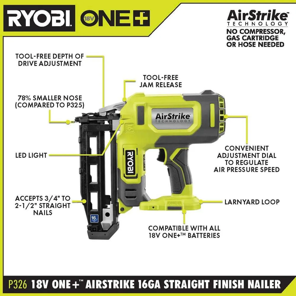 RYOBI 18V ONE+ AirStrike 16-Gauge Cordless Straight Finish Nailer Kit with ONE+ 2.0 Ah Lithium-Ion Battery and Charger, photo 2 of 8