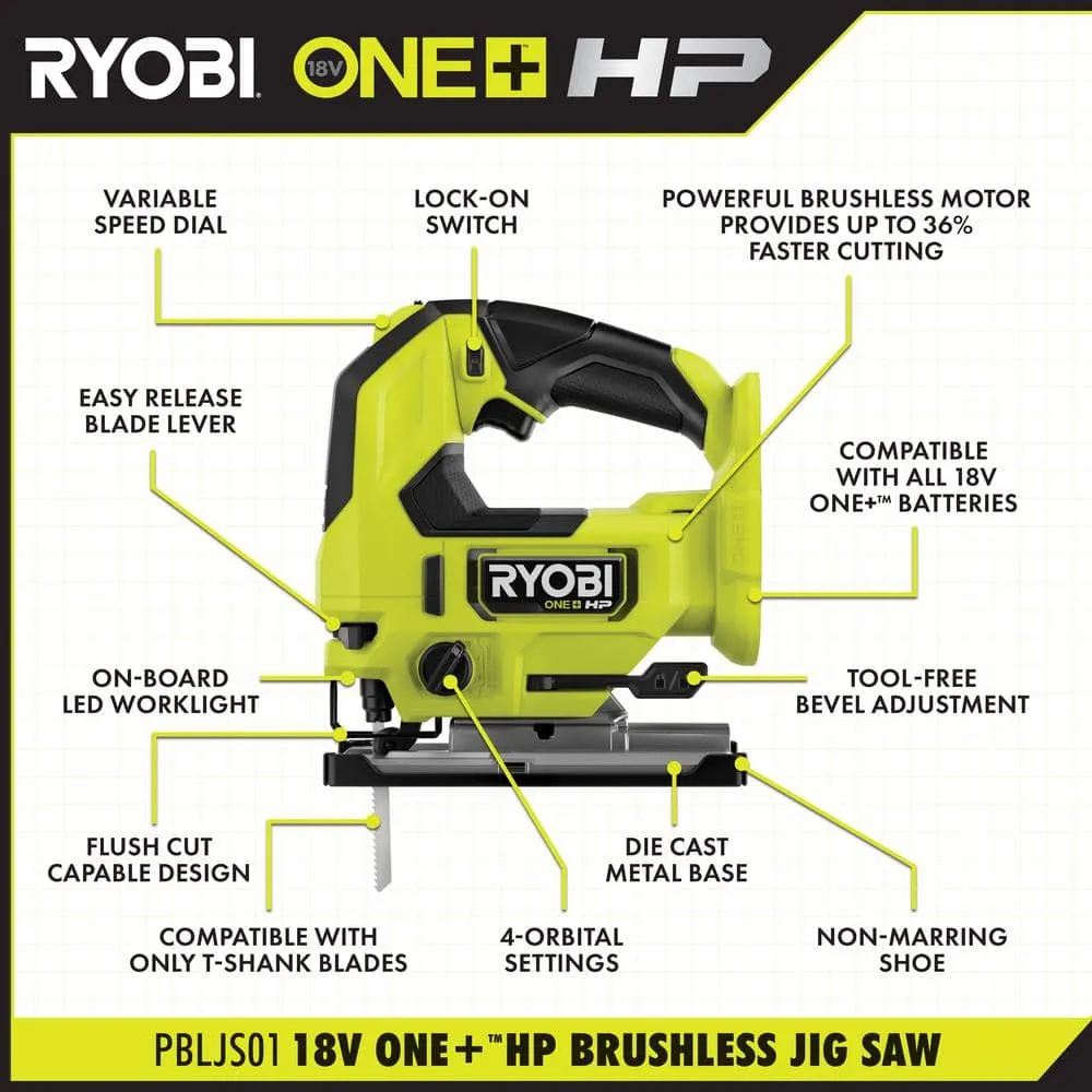 RYOBI ONE+ HP 18V 6.0 Ah Lithium-Ion HIGH PERFORMANCE Battery and Charger Kit with ONE+ HP 18V Brushless Jig Saw, photo 3 of 11