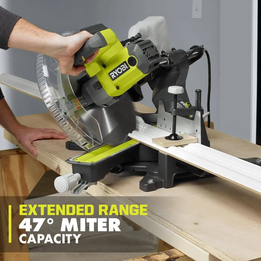 RYOBI 15 Amp Corded 12 in. Sliding Compound Miter Saw and ONE+ 18V 16-Gauge Cordless AirStrike Finish Nailer (Tool Only), photo 4 of 11