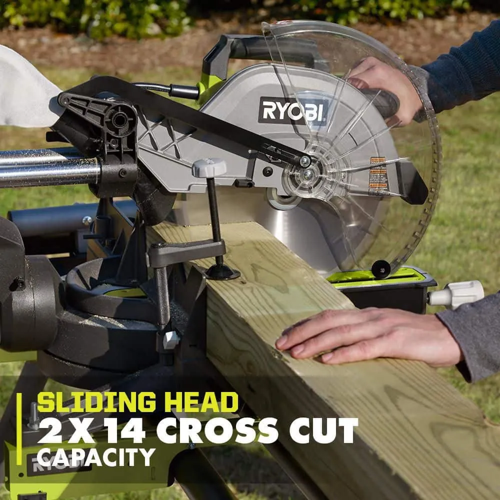 RYOBI 15 Amp Corded 12 in. Sliding Compound Miter Saw and ONE+ 18V 16-Gauge Cordless AirStrike Finish Nailer (Tool Only), photo 3 of 11