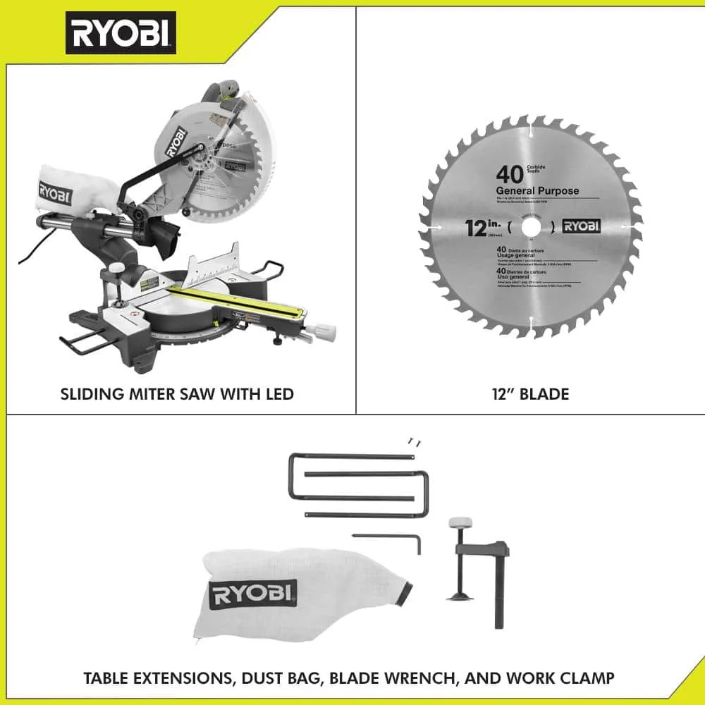 RYOBI 15 Amp Corded 12 in. Sliding Compound Miter Saw and ONE+ 18V 16-Gauge Cordless AirStrike Finish Nailer (Tool Only), photo 11 of 11