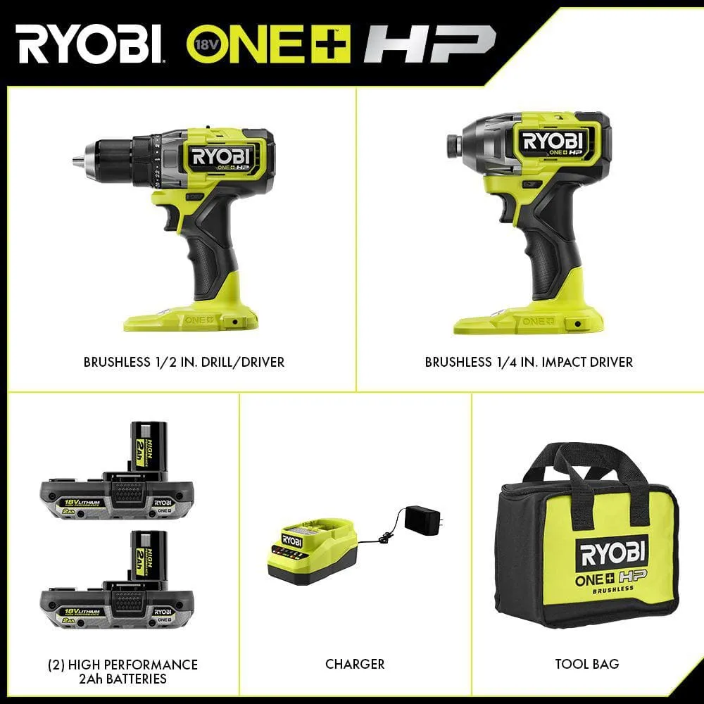 RYOBI ONE+ HP 18V Brushless Cordless 2-Tool Combo Kit w/(2) 2.0 Ah Batteries, Charger, Bag, and FREE Corner Cat Finish Sander, photo 12 of 12