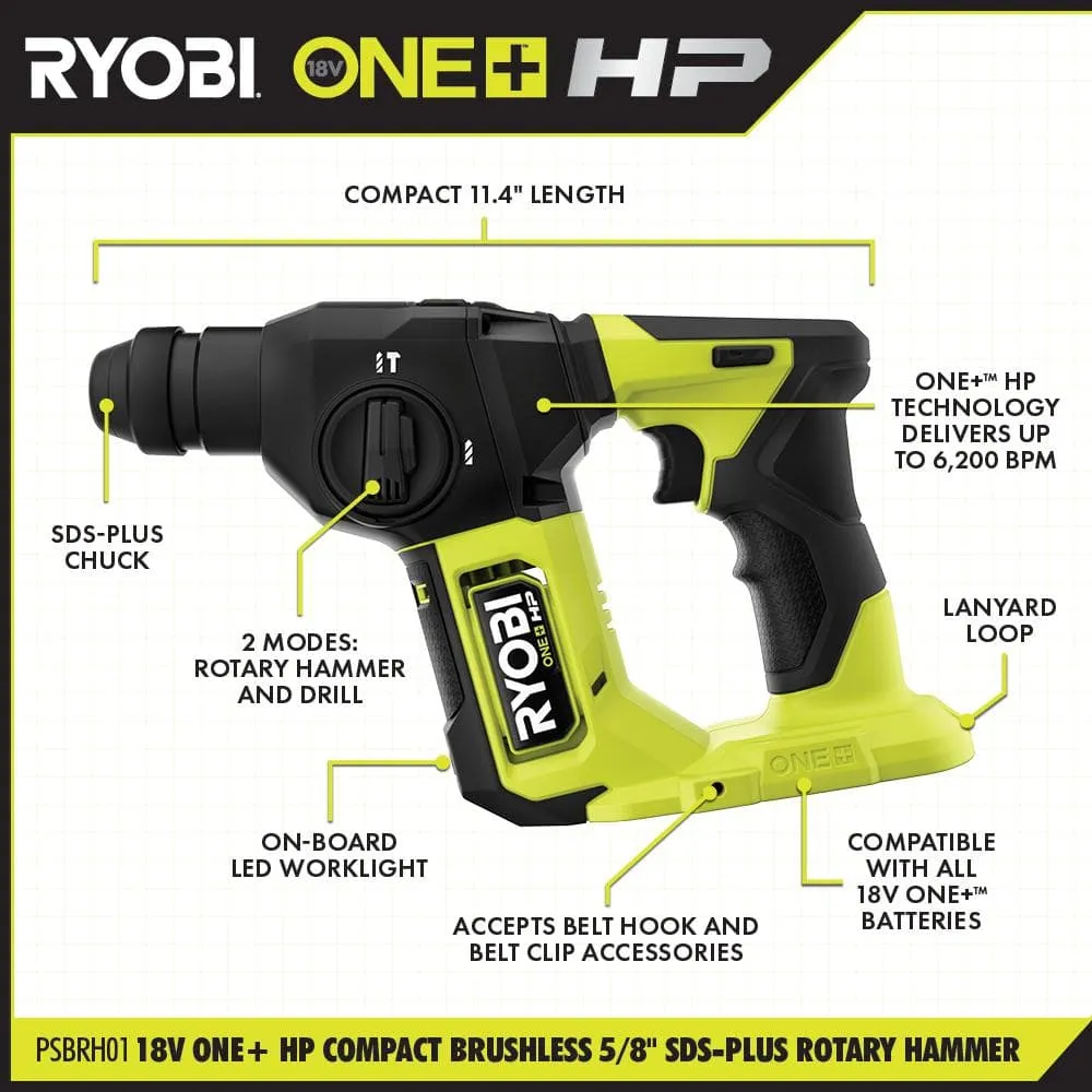RYOBI ONE+ HP 18V 6.0 Ah Lithium-Ion HIGH PERFORMANCE Battery and Charger Kit with ONE+ HP 18V Brushless SDS Rotary Hammer, photo 3 of 13
