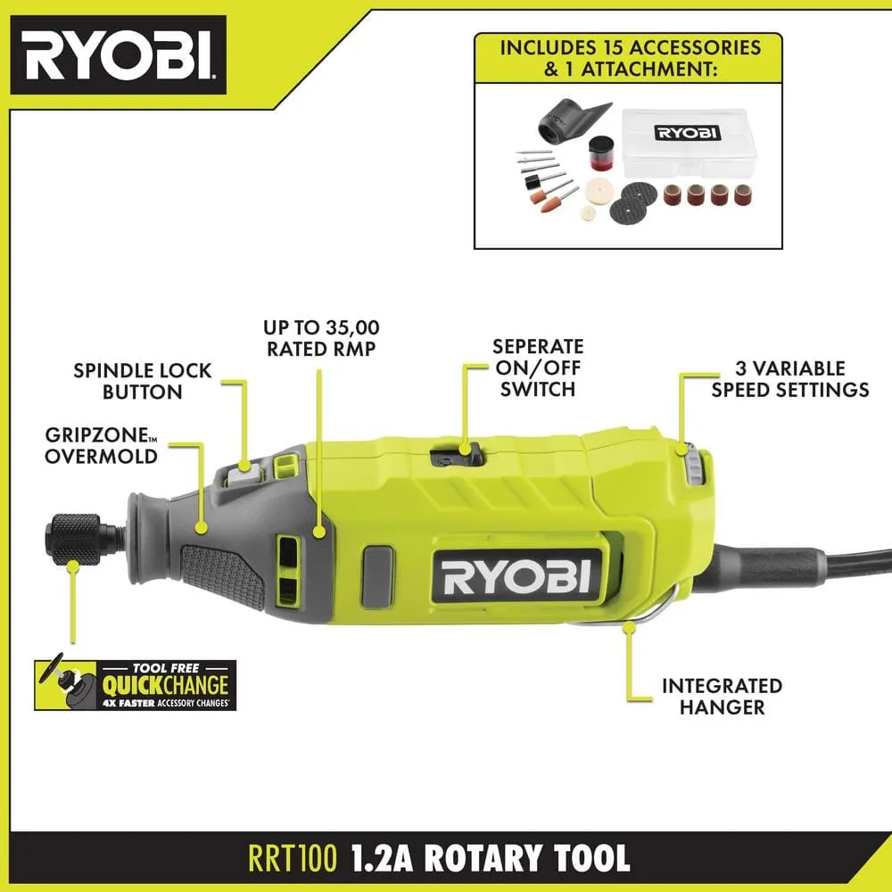RYOBI 1.2 Amp Corded Rotary Tool with Rotary Tool 16-Piece Carving & Engraving Kit (For Wood, Metal, Plastic, Glass and Stone), photo 3 of 11