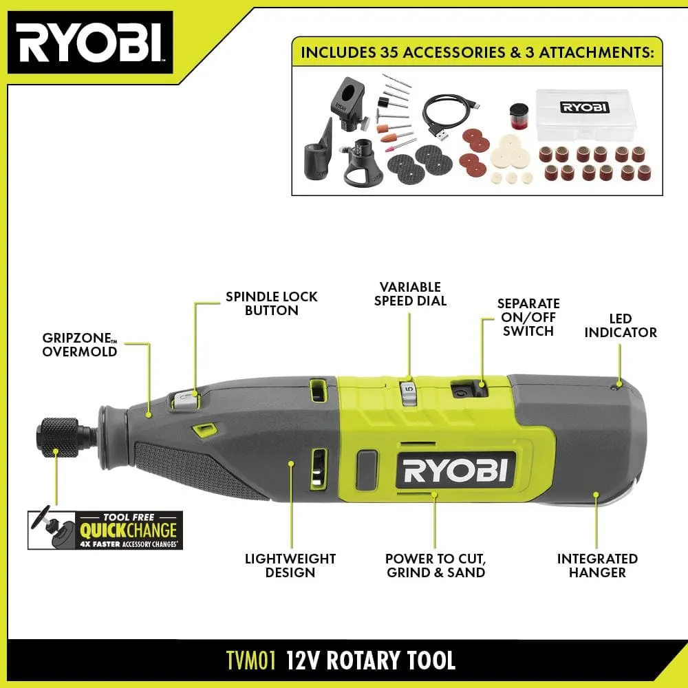 RYOBI 12V Cordless Rotary Tool Kit with Rotary Tool 29-Piece Sanding and Polishing Kit (For Wood, Metal and Plastic), photo 3 of 13