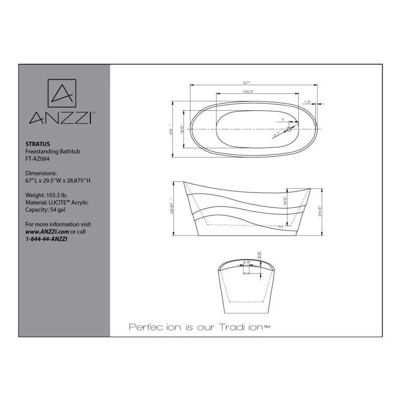 ANZZI Stratus 5.6 ft. Acrylic Freestanding Bathtub, Reversible Drain, Glossy White (67 x 29.5 x 29 in), photo 11 of 11
