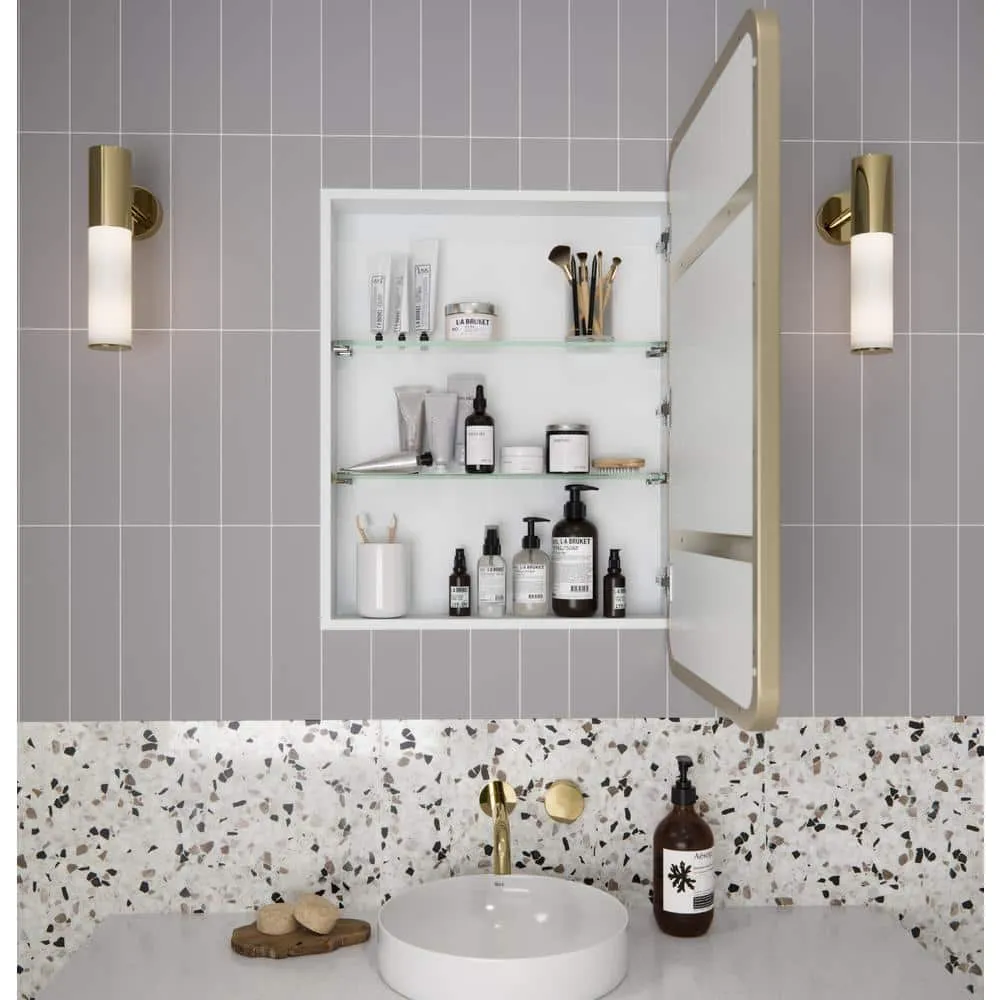 Glass Warehouse Calla 22 in. W x 32 in. H x 5 in. D Recessed Medicine Cabinet in Satin Brass with Mirror, photo 7 of 9