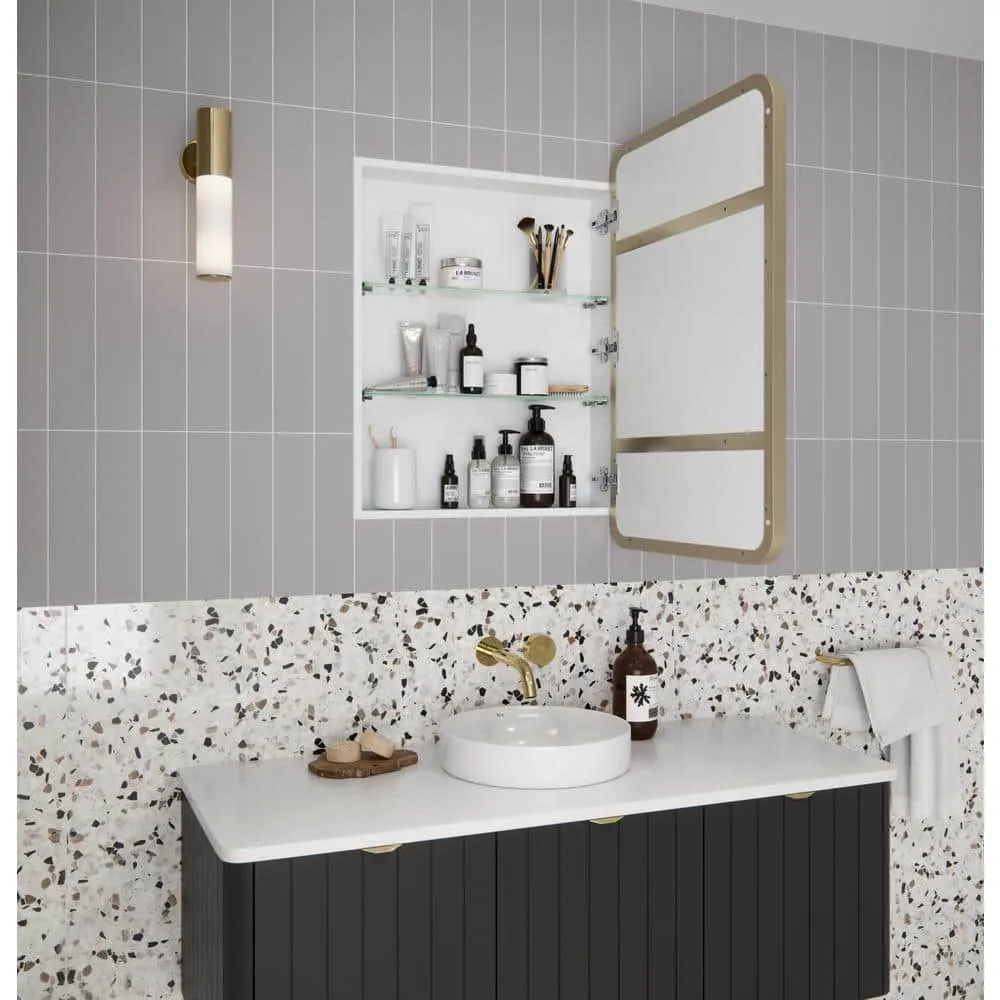 Glass Warehouse Calla 22 in. W x 32 in. H x 5 in. D Recessed Medicine Cabinet in Satin Brass with Mirror, photo 9 of 9