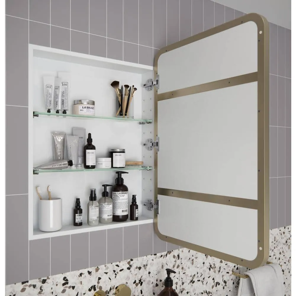 Glass Warehouse Calla 22 in. W x 32 in. H x 5 in. D Recessed Medicine Cabinet in Satin Brass with Mirror, photo 8 of 9