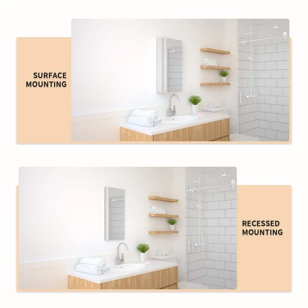 TaiMei 12 in. x 24 in. Frameless Recessed or Surface-Mount Beveled Single Mirror Bathroom Medicine Cabinet, photo 8 of 10