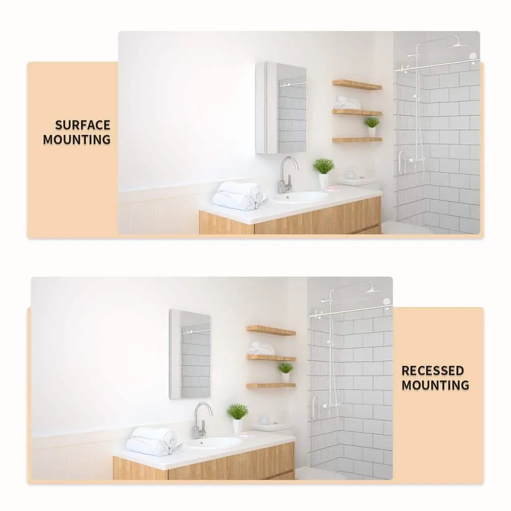 TaiMei 15 in. x 24 in. Frameless Recessed or Surface-Mount Beveled Single Mirror Bathroom Medicine Cabinet, photo 8 of 10