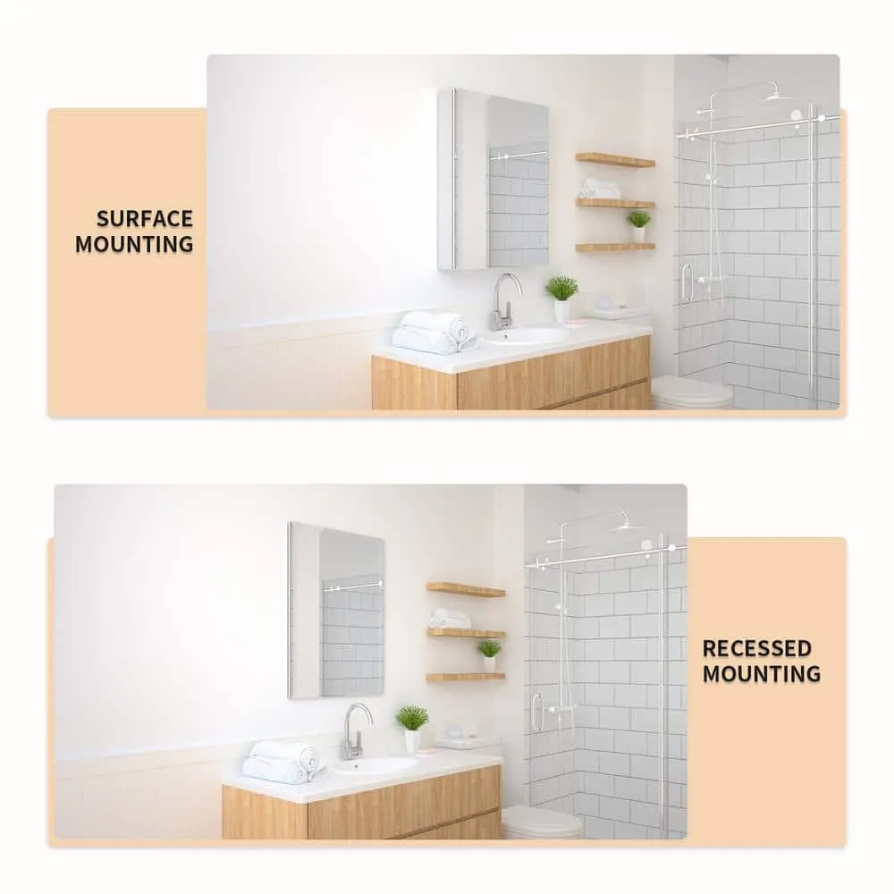 TaiMei 23 in. x 30 in. Frameless Recessed or Surface-Mount Beveled Single Mirror Bathroom Medicine Cabinet, photo 8 of 10