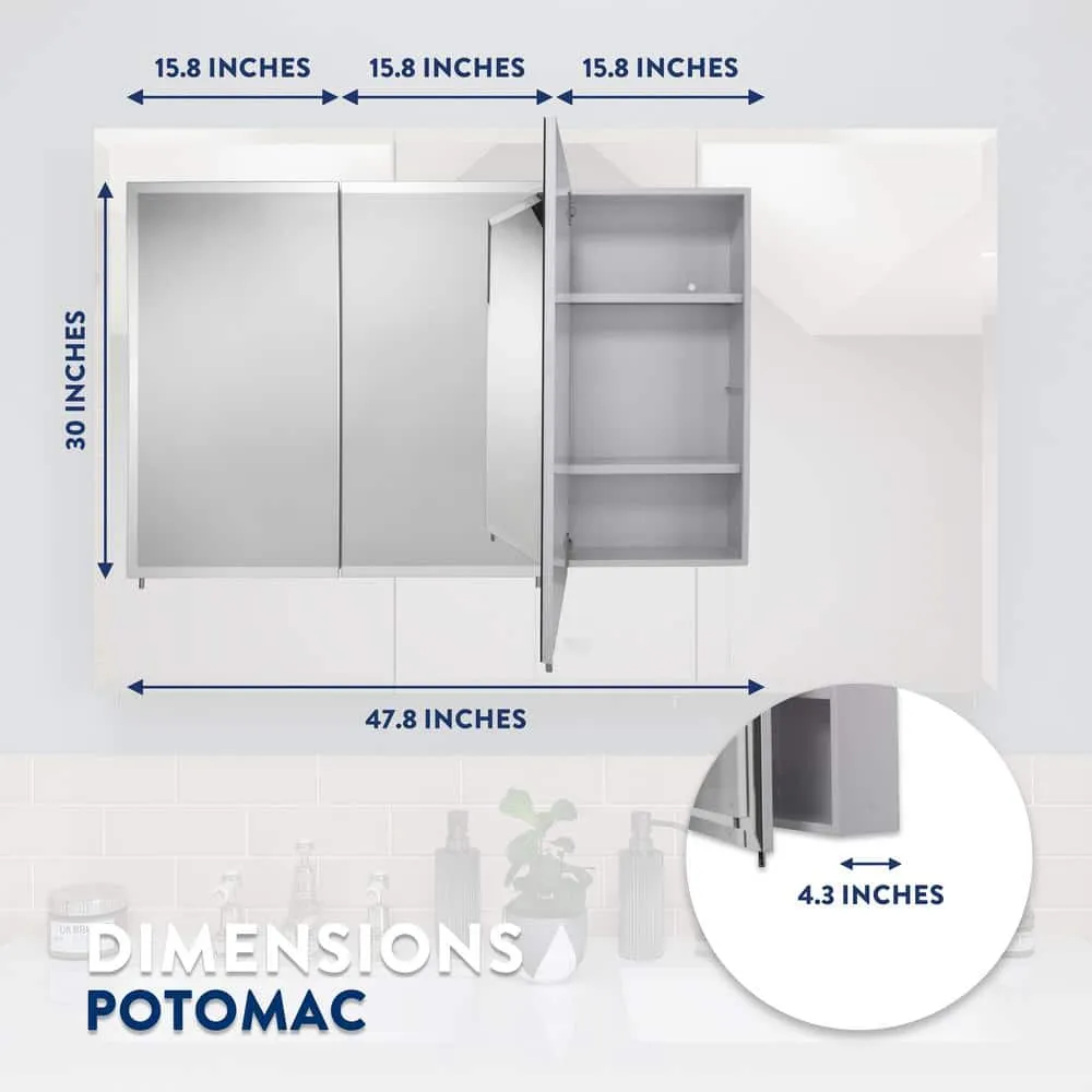Croydex Potomac 48 in. W x 30 in. H Triple Door White Steel Surface Mount Medicine Cabinet with Mirror, photo 5 of 7