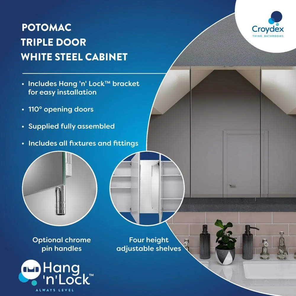 Croydex Potomac 48 in. W x 30 in. H Triple Door White Steel Surface Mount Medicine Cabinet with Mirror, photo 6 of 7