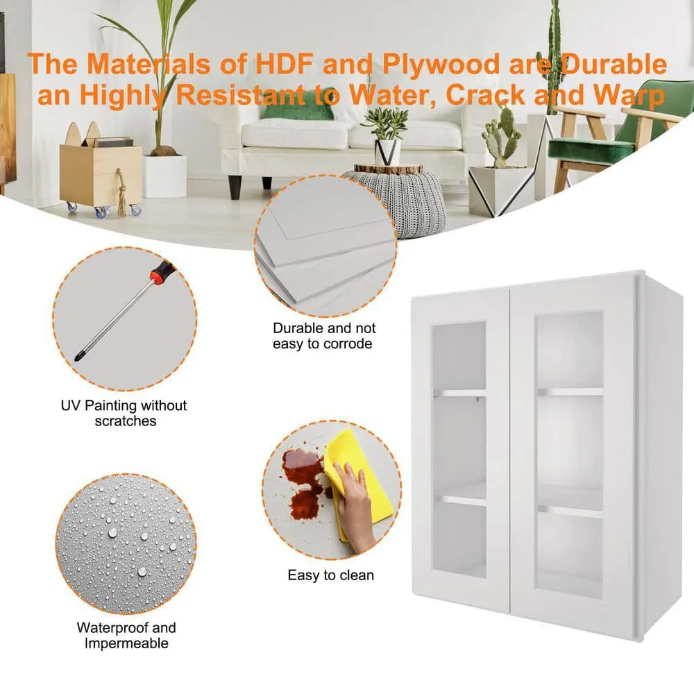 HOMEIBRO 30-in W X 12-in D X 36-in H in Shaker Dove Plywood Ready to Assemble Wall Glass kitchen Cabinet, photo 8 of 12