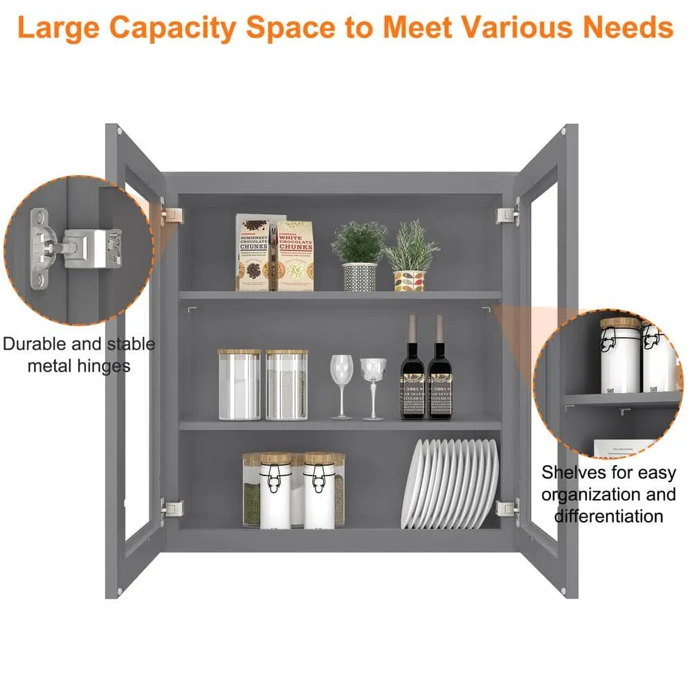 HOMEIBRO Newport Shaker Gray Ready to Assemble Wall Cabinet with 2-Doors 3-Shelves (30 in. W x 36 in. H x 12 in. D), photo 3 of 8