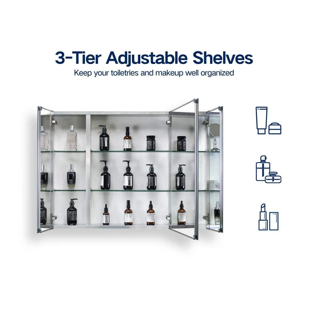 Cesicia 36 in. W x 26 in. H Rectangular Silver Aluminum Surface Mount 3 Doors Bathroom Medicine Cabinet with Mirror, photo 4 of 7