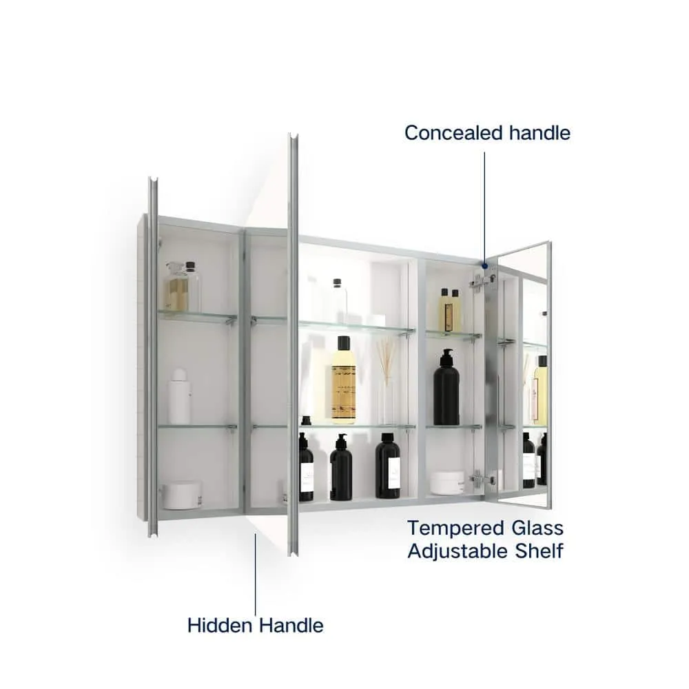 Cesicia 36 in. W x 26 in. H Rectangular Silver Aluminum Surface Mount 3 Doors Bathroom Medicine Cabinet with Mirror, photo 5 of 7
