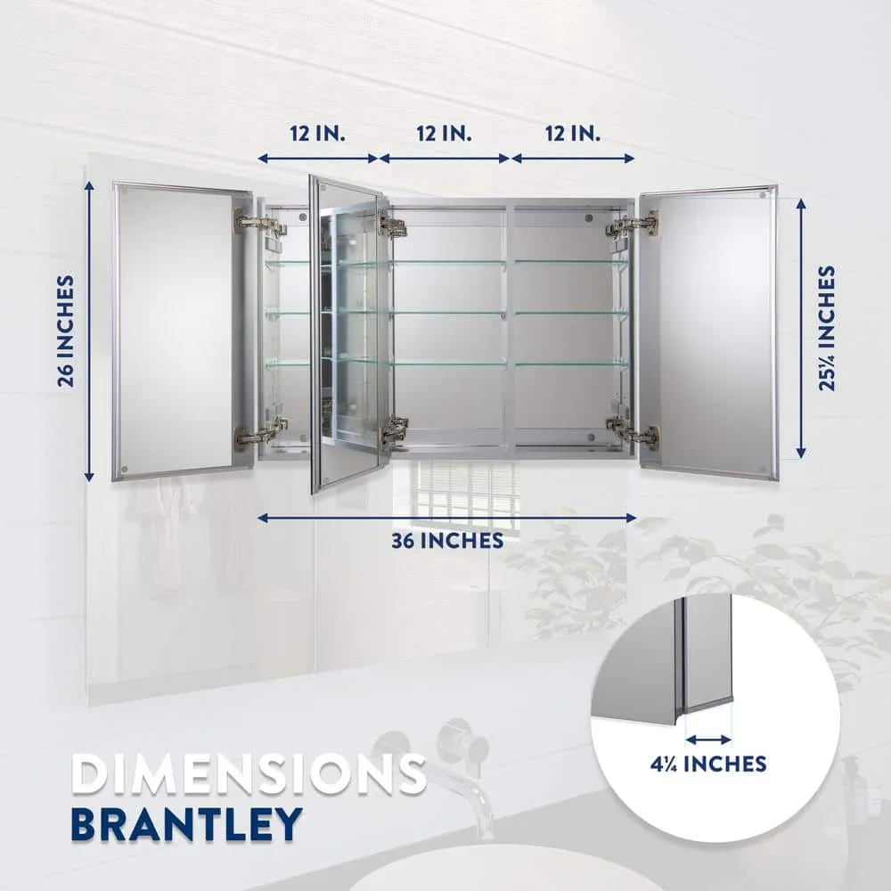 Croydex Brantley 36 in. W x 26 in. H Triple Door Silver Aluminum Recessed/Surface Mount Medicine Cabinet with Mirror, photo 3 of 10