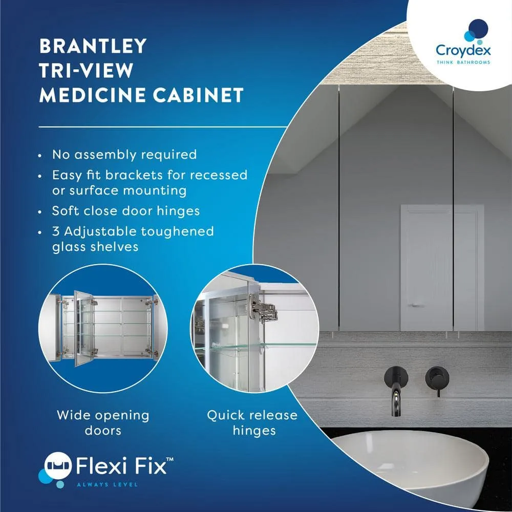 Croydex Brantley 36 in. W x 26 in. H Triple Door Silver Aluminum Recessed/Surface Mount Medicine Cabinet with Mirror, photo 9 of 10