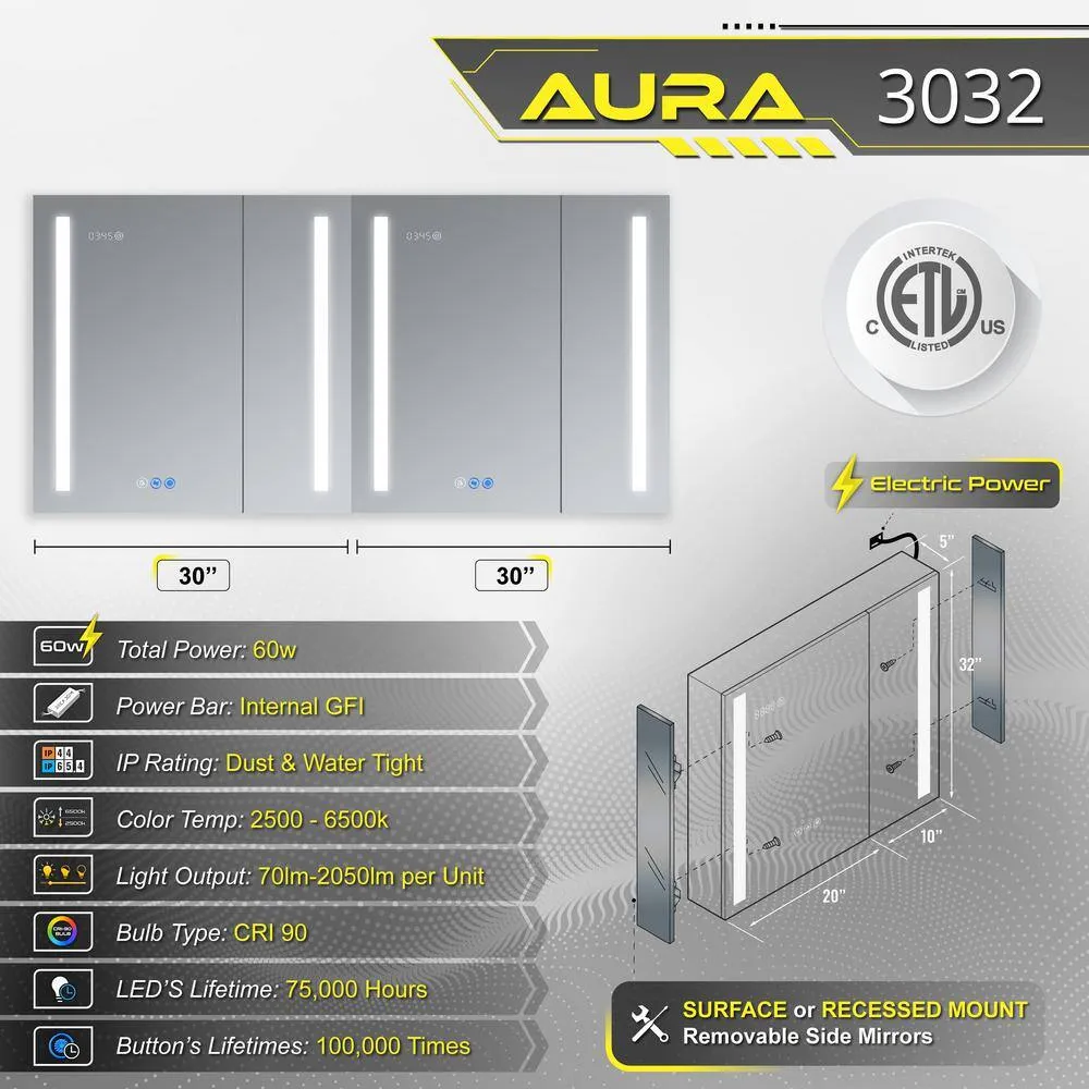 DECADOM AURA 30 in.W x 30 in.H LED Medicine Cabinet Recessed Surface Clock Dimmer Defogger Cosmetic Mirror Outlet USB, photo 5 of 6