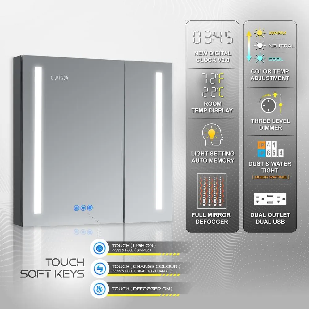 DECADOM AURA 30 in.W x 30 in.H LED Medicine Cabinet Recessed Surface Clock Dimmer Defogger Cosmetic Mirror Outlet USB, photo 2 of 6