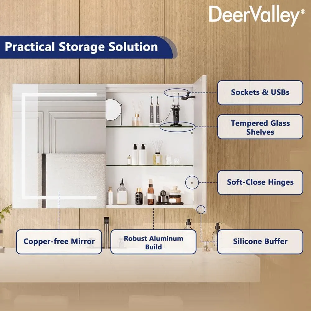 DEERVALLEY 48 in. W x 32 in. H Rectangular Silver Aluminum Surface LED Light Medicine Cabinet with Mirror, Anti-Fog, Double Doors, photo 6 of 15