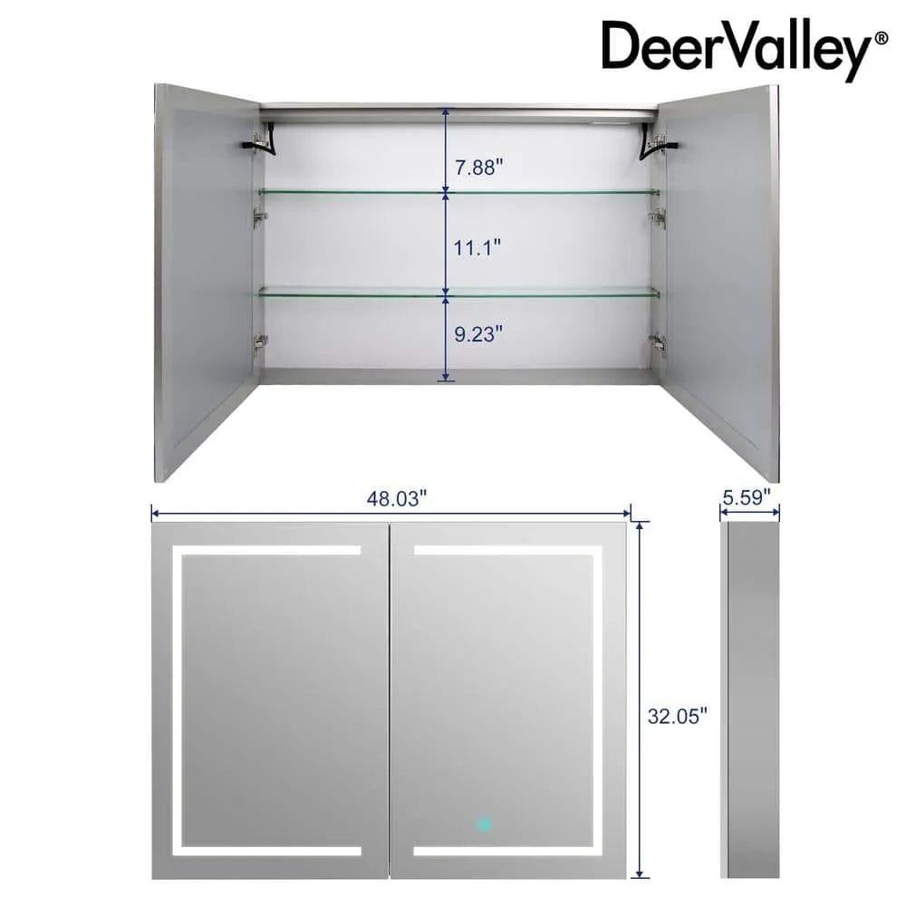 DEERVALLEY 48 in. W x 32 in. H Rectangular Silver Aluminum Surface LED Light Medicine Cabinet with Mirror, Anti-Fog, Double Doors, photo 4 of 15